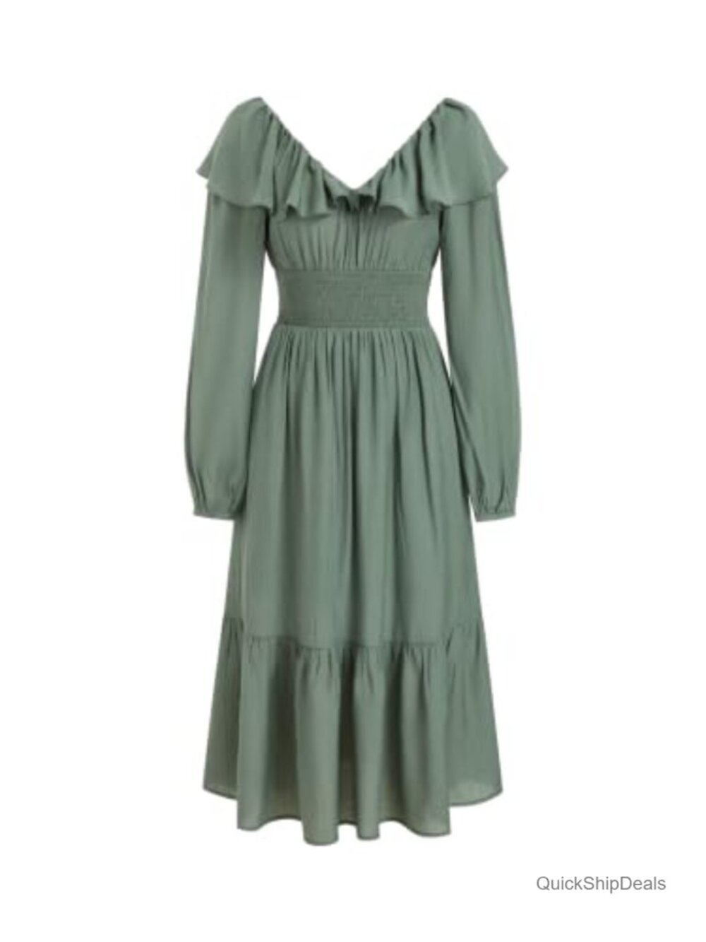 Womens V Neck Smocked Ruffle Tiered Midi Dress Long Sleeve